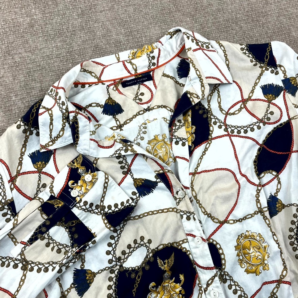 Tommy Hilfiger Shirt Womens White Nautical Chain Crest Tassel Print Button Up L